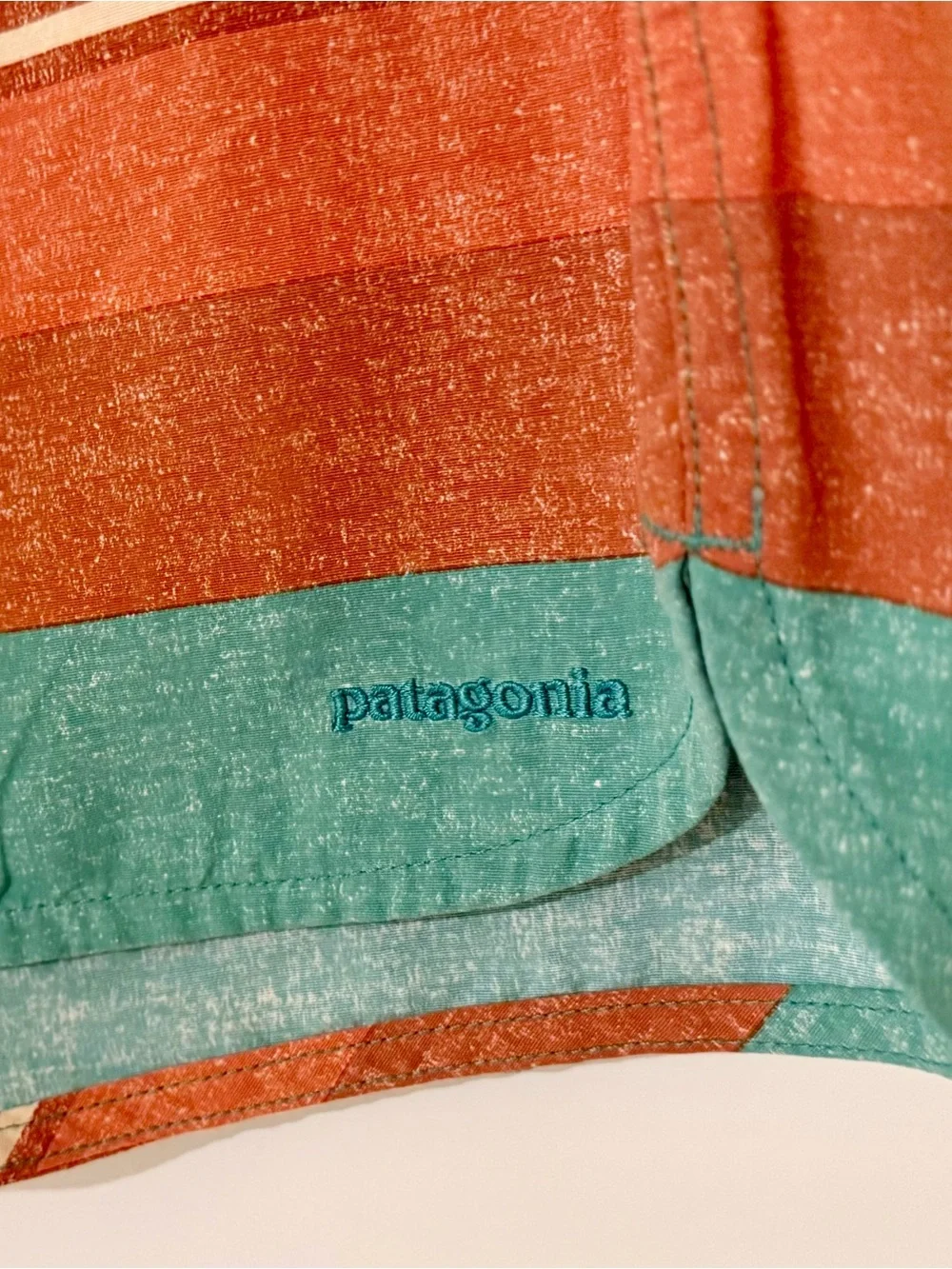 Patagonia Teal and Orange Striped Women's Board Shorts